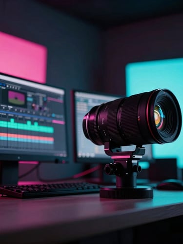 Cinematic low-angle shot of a creative studio editing suite, dark ambient lighting with hot pink and neon cyan backlights shining on professional monitors, 35mm lens