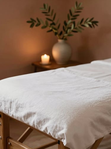 Warm, editorial photography of a wooden massage table with clean white linen, soft indirect light from a candle, olive green branch in a ceramic vase in the background, shallow depth of field, 35mm