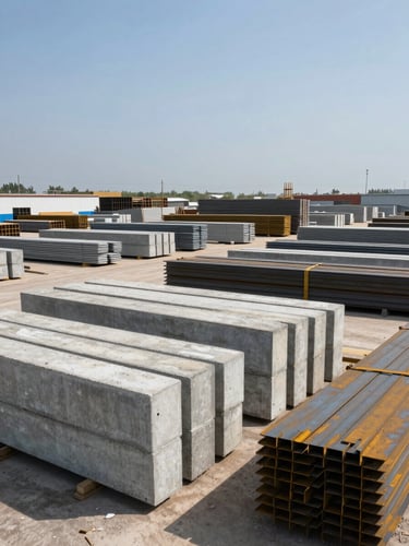 Wide panoramic view of a large construction materials distribution yard, stacks of concrete precast columns and bundled steel beams filling the foreground under a clear midday sky, yard extends deep into the frame showing industrial scale and logistical capacity, no people, documentary realism
