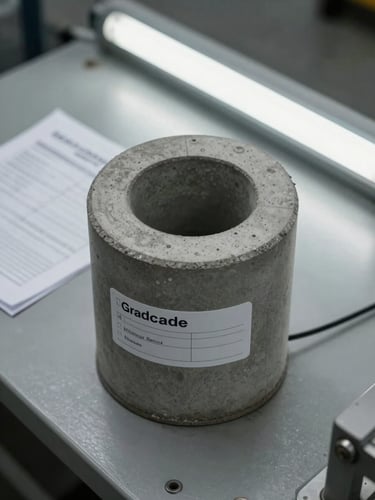 Close-up overhead shot of a concrete test cylinder on a flat industrial surface, grade marker label and batch documentation paperwork visible beside it under flat warehouse fluorescent light, documentary framing, no people