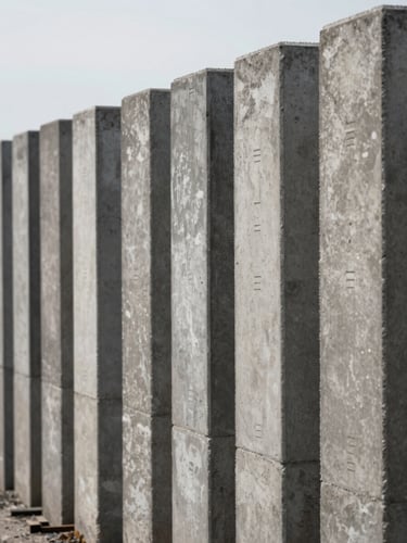 Close-range documentary shot of stacked precast concrete columns in a yard, rows receding into depth, clear overcast daylight, grade markings visible on column faces, industrial scale conveyed by tight framing