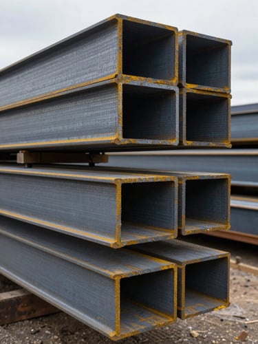 Overhead close-up of bundled structural steel W-beams stacked in a yard, clear overcast daylight, grade stencils visible on the flanges, industrial scale evident, no workers