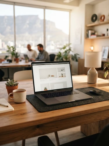 A bright modern workspace in Cape Town with natural morning light, a laptop open on a wooden desk showing a clean website layout, shallow depth of field