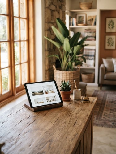 Cozy South African B&B reception desk with a modern tablet displaying a clean website layout, warm natural daylight streaming through a window, soft focus on a green indoor plant in the background.