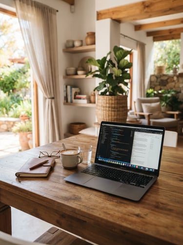 Cozy South African B&B interior with a laptop on a wooden table, soft natural daylight, shallow depth of field