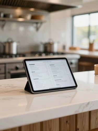 A bright, modern South African restaurant kitchen counter, a tablet displaying a clean menu layout, warm natural daylight, shallow depth of field