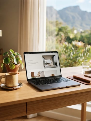 A clean, sunlit home office desk in South Africa with a laptop displaying a modern website, a coffee mug, and warm morning light.