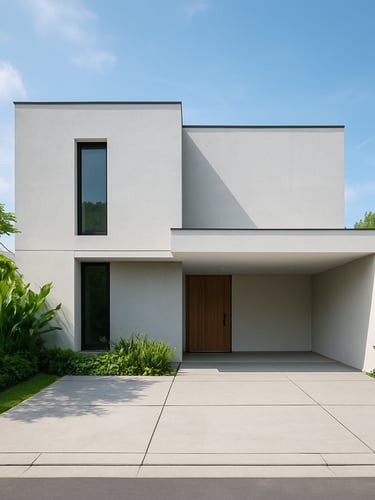 Bright architectural photo of a modern minimalist house exterior in Depok, clean concrete driveway, green plants, realistic natural daylight, wide-angle lens