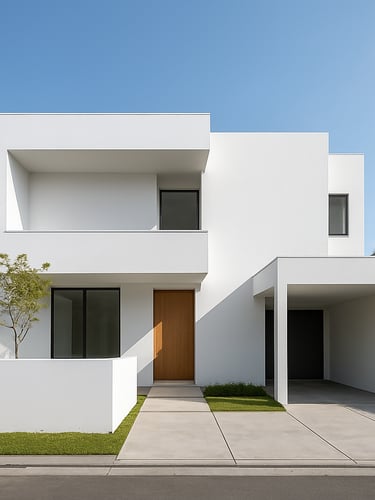 Bright architectural photography of a modern minimalist house exterior in Depok, clean white walls, natural morning daylight, sharp focus