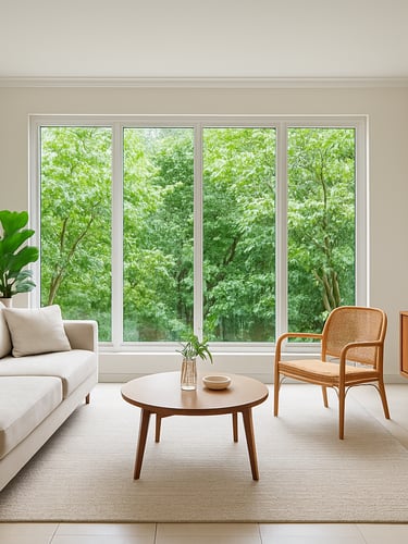 Wide-angle interior photography of a bright living room in Depok, large windows showing green leaves outside, clean realistic colors, sharp focus