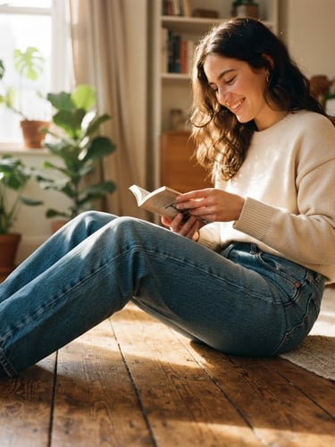 Warm golden-hour lifestyle shot of a person sitting on a sunny wooden floor, wearing relaxed-fit blue jeans, soft side-lighting, rich denim texture visible, 35mm film style