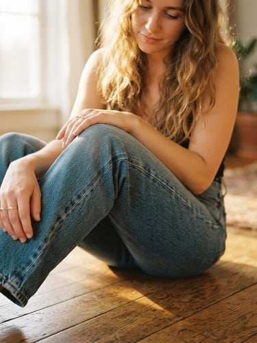 Close-up portrait of a person sitting on a sunlit wooden floor, wearing relaxed-fit blue jeans, warm golden-hour light streaming in, focusing on the soft texture of the denim, 35mm film style.