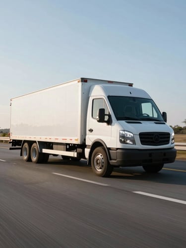 Wide-angle highway shot of a clean white commercial dry van truck driving on an open interstate under a crisp morning sky, high-contrast daylight, dynamic motion blur on the road.