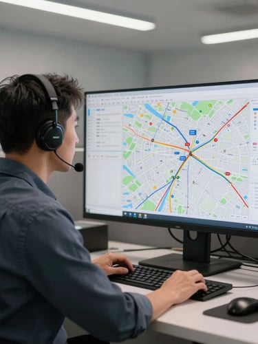 A professional dispatcher in a logistics office analyzing multi-screen route maps under clean modern lighting.