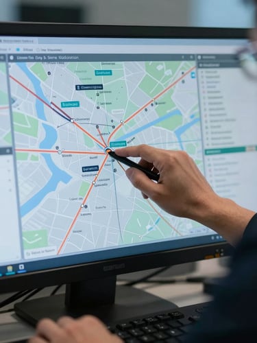 Close-up of a dispatcher's hands plotting routes on a multi-screen digital map display, soft blue light, professional logistics environment.