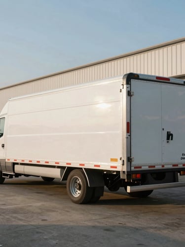 Wide portrait shot of a dry van trailer parked at an Antioch Tennessee warehouse dock under crisp early morning light, clean lines, high-contrast shadows, no people.