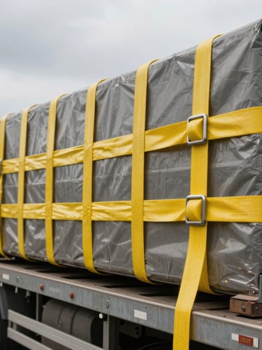 A close-up of heavy-duty yellow cargo straps securing commercial freight on a flatbed trailer, overcast highway sky in the background.