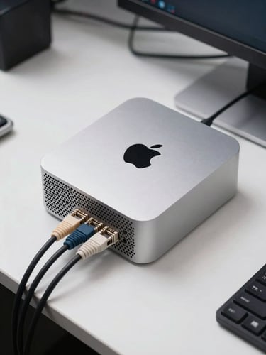Close overhead shot of an Apple Mac mini and neatly routed network cables on a white desk in a compact Sussex IT workspace, studio light, clinical and precise, no people