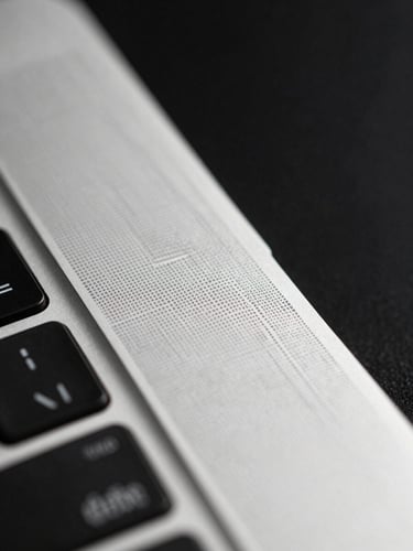 Extreme close-up of a MacBook Pro Touch ID sensor and keyboard corner, sharp studio light from the right, black background, security and precision theme