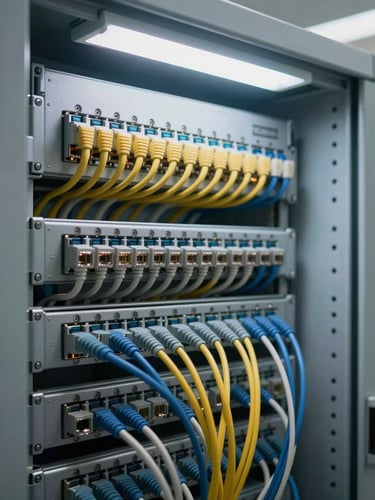 Wide shot of a structured cable run in a network cabinet, Cat6 patch leads in precise colour order, white fluorescent light overhead, no people, clinical and ordered