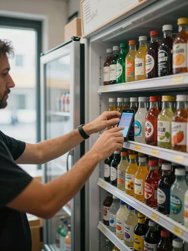 Wide environmental shot of a compact office microstore, operator hands reaching into a small refrigerator stocked with labeled beverages, a phone screen glowing mid-workflow on the shelf beside it, natural daylight through a window to the left, focus on the motion of the hand and the product label