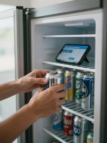 Close-up of an employee's hands pulling a cold beverage can from a compact office refrigerator, a smartphone screen visible mid-workflow on the shelf beside the fridge, natural window light from the left, shallow depth of field on the hands and can