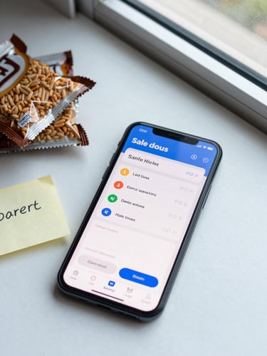 Overhead flat-lay of a smartphone showing a sales dashboard mid-workflow beside a small stack of packaged snacks and a handwritten note, natural daylight from an office window, clean desk surface visible