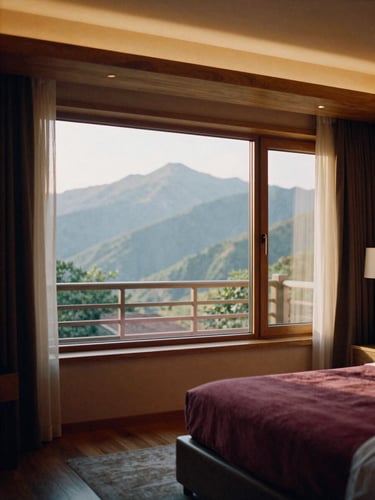 A luxurious, sun-drenched private suite with warm wooden finishes, panoramic windows showing green mountain peaks, soft ambient lighting, medium format film.