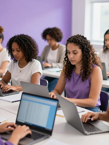 A diverse group of Brazilian women collaborating over laptops in a brightly lit modern classroom, soft purple tones, authentic learning environment