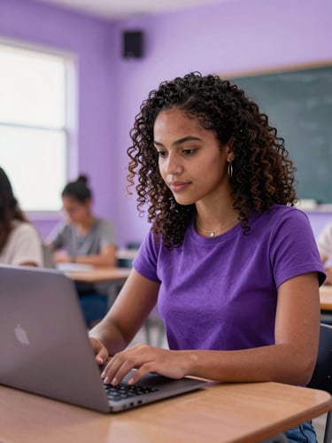 A focused Brazilian woman in her late 20s typing on a laptop in a bright, modern classroom, soft purple lighting ambient glow, warm editorial style