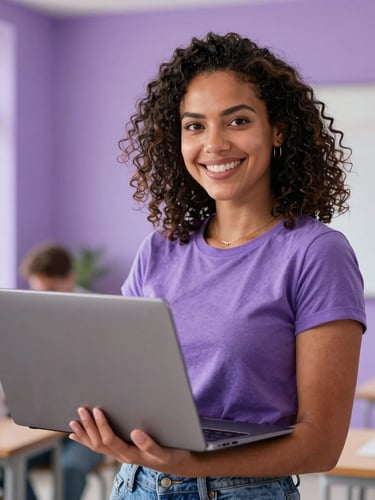Medium portrait shot of a confident Brazilian woman smiling, holding a laptop in a bright, modern learning studio with soft purple tones in the background.