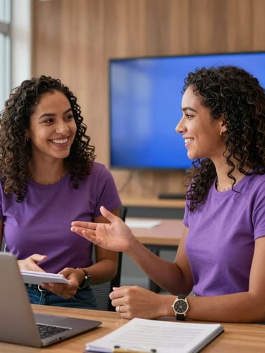 Medium shot of two Brazilian female instructors smiling and discussing a tech curriculum in a warm, modern office, natural daylight
