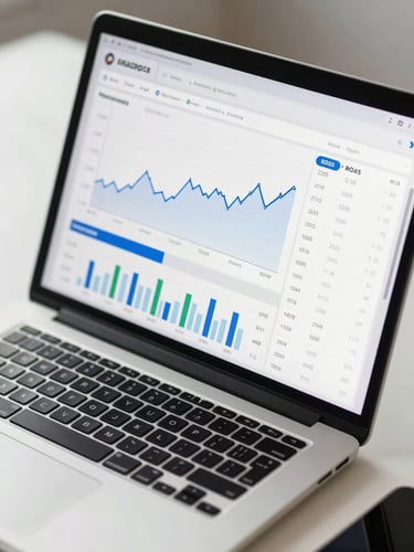 Close-up of a campaign analytics dashboard on a laptop screen, showing frequency and ROAS trend lines in sharp focus, clean white desk surface, high-key studio daylight