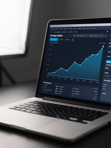 Close-up of a laptop screen displaying a campaign analytics dashboard, conversion rate graph trending upward, dark desk surface, clean high-key studio light from left, tight frame on the screen edge