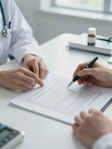 Close-up of a physician's hands reviewing a printed financial statement at a consultation desk, medical tools softly blurred in background, cool clinical daylight from a side window