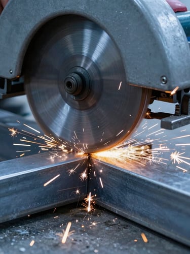 Macro close-up of a high-speed industrial circular saw cutting through a thick steel beam, bright sparks flying, sharp metallic textures, cool blue daylight.