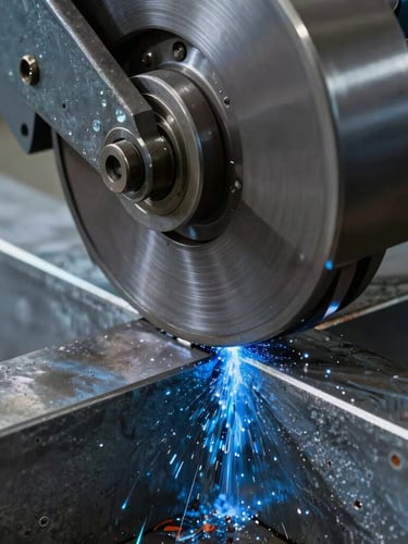 Macro close-up of an industrial band saw cutting through a thick steel profile, cool blue fluid spraying, sharp metallic edges, high contrast lighting