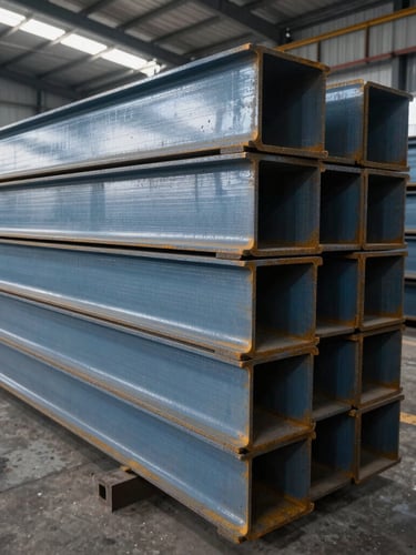 Wide-angle industrial shot of heavy steel beams stacked in a warehouse, cool daylight reflecting off metallic surfaces, sharp shadows, structural steel blue tones