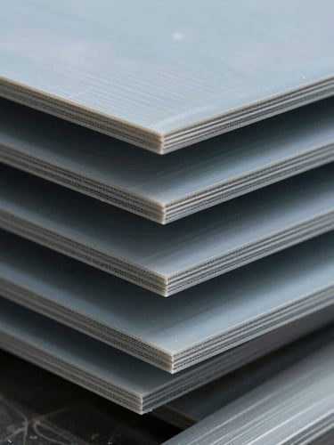 Macro close-up of stacked technical plastic sheets and semi-finished round rods in cool industrial daylight, showing precise cut edges and dense material structure.