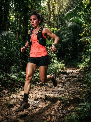 Trail runner in mid-stride on a dirt path, sweat and determination on their face, dense tropical vegetation in the background, high-contrast dramatic sunlight, low-angle dynamic action shot, cinematic action photography, 35mm lens.