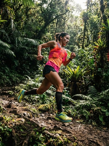 Trail runner in full stride on a narrow dirt path, dense tropical vegetation of Cundinamarca, high-contrast dramatic sunlight, deep shadows, dynamic low-angle, 35mm lens