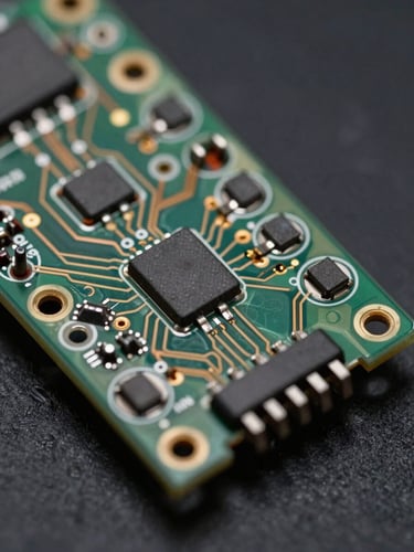 Extreme close-up macro of a precision industrial circuit board module, shot from slightly above at a shallow angle, controlled studio lighting illuminating solder joints and component markings with clinical clarity, deep black background, sharp focus on connector pins and copper traces