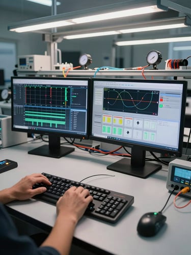 Wide overhead shot of a laboratory workstation displaying multi-channel data acquisition software on dual monitors, a technician's hands on a keyboard, controlled overhead fluorescent lighting, test cables and measurement instruments visible on desk surface