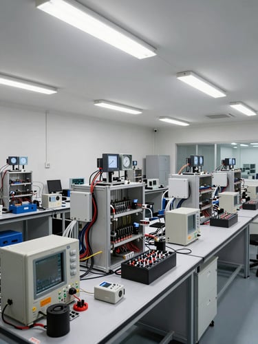 Wide-angle view of an engineering test lab under bright even fluorescent lighting, circuit test rigs and measurement instruments arranged on metal benches, cables routed neatly, no people, no text, overhead perspective