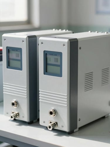 Industrial digital inverter unit side-by-side with a heavy-duty tubular battery in a clean workshop environment, bright natural daylight, sharp focus on metallic terminals