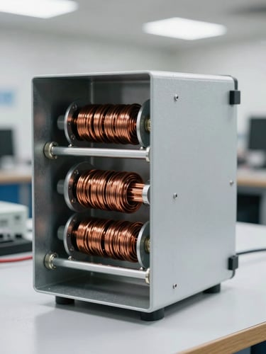 Straight-on technical shot of a heavy-duty digital servo voltage stabilizer showing copper coils inside a metallic enclosure, bright workshop lighting, 50mm