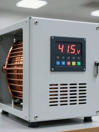 Straight-on technical shot of a heavy-duty industrial servo voltage stabilizer enclosure, copper coils visible through ventilation, digital LED readout displaying exactly 415V, bright workshop lighting, 50mm