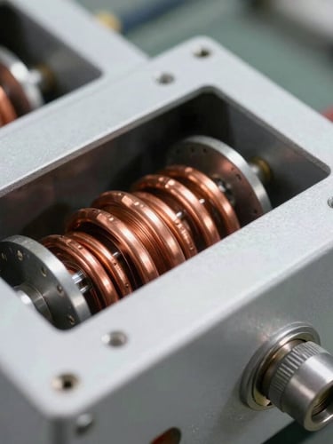 Close-up of copper coils inside a heavy-duty voltage stabilizer, bright workshop lighting, sharp focus on metallic details, industrial setting.