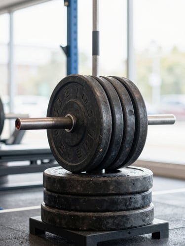 Crisp natural daylight inside a modern training facility, close-up of heavy steel barbell plates stacked on a clean rack, vibrant blue accents, sharp focus, 35mm