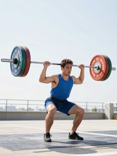bright high-key athletic photography, crisp natural daylight, athlete performing a heavy barbell clean, dynamic action freeze-frame, 35mm